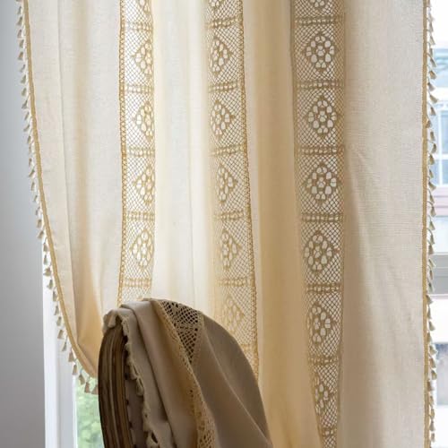 Deeprove Boho Living Room Curtains, Boho Window Curtains for Bedroom Blackout, Semi Sheer Crochet Cream Cotton Drape with Cute Tassels, Rod Pocket Farmhouse Chic Decor 1 Panel 59W x 63L, Beige - color: Cream & Beige, size: 59"W x 63"L (Pack of 1)