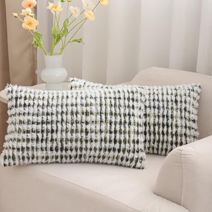 LUOYEHK Boho Throw Pillow Covers 12x20 Inch Set of 2 Farmhouse Neutral Lumbar Pillow Covers Chenille Tufted Pillowcase for Couch Sofa Bed Living Room, Green White - color: Green White, size: 20" x 12" (Pack of 2)