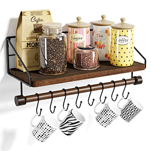 Alsonerbay Floating Shelf Coffee Bar Shelf with Towel Bar, Dark Brown | 8 removable hooks, solid wood, space-saving, holds cooking utensils & mugs, easy installation, kitchen & bathroom use - color: Dark Brown
