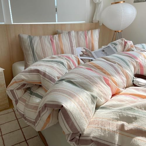 Retro Striped Duvet Cover Set Full, 100% Washed Cotton Multicolor Stripes Pattern Printed Bedding Set, Vintage Striped Comforter Cover with 2 Pillowcases, 3 Pieces Soft Breathable Duvet Cover Full - color: 04# Multicolor Striped, size: Full(80"x90")