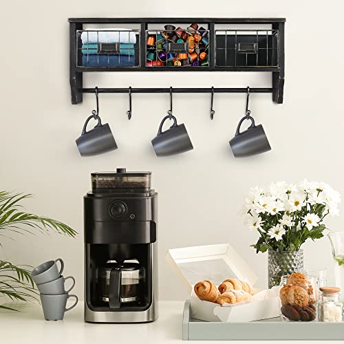 HBCY Creations Wall Mounted Shelf with Coat Hooks and Baskets, Solid Wood Entryway Organizer Wall Shelf with Hooks - Hang Coats, Keys or Coffee Mugs, Rustic Blackwash 24" Wide - color: Blackwash