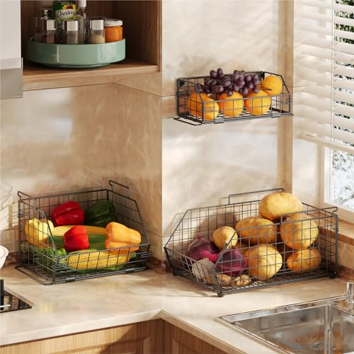 3-Tier Fruit Basket for Kitchen Counter, Stackable Wire Baskets Wall, Potato and Onion Storage Bins, Pantry Organizers, Pantry Storge and Storage for Potato, Onion, Produce, Fruit, Vegetable, Snack