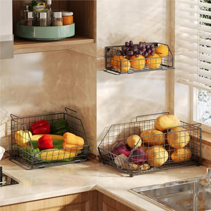 3-Tier Fruit Basket for Kitchen Counter, Stackable Wire Baskets Wall, Potato and Onion Storage Bins, Pantry Organizers, Pantry Storge and Storage for Potato, Onion, Produce, Fruit, Vegetable, Snack