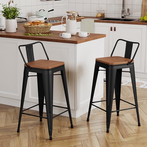 Yongchuang 26" Metal Barstools Set of 2 Counter Bar Stools with Wood Top Low Back Matte Black - color: Black, size: 26" Set of 2