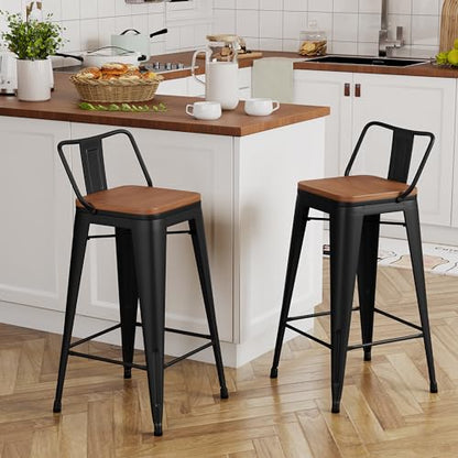 Yongchuang 26" Metal Barstools Set of 2 Counter Bar Stools with Wood Top Low Back Matte Black - color: Black, size: 26" Set of 2