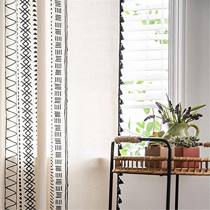 Deeprove Boho Curtains 96 Inches Long, White Cream Cotton and Linen Bohemian Print Black Tassel, Geometric Semi-Blackout Window Panel Farmhouse Drape for Living Room, Rod Pocket, 1 Panel, W59 x L96 - color: Cream & Black Boho, size: 59"W x 96"L (Pack of 1