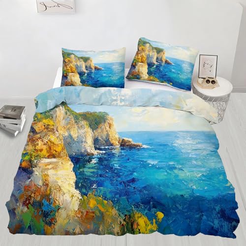 Ocean Duvet Cover King Cliff Graphic Bedding Set | Turquoise Sea Duvet Cover with 2 Pillowcases, Reversible 3 Pieces Sunlit Coast Bedding with Zipper, Easy Care - color: Cliff Graphic, size: King (90 x 104 in)