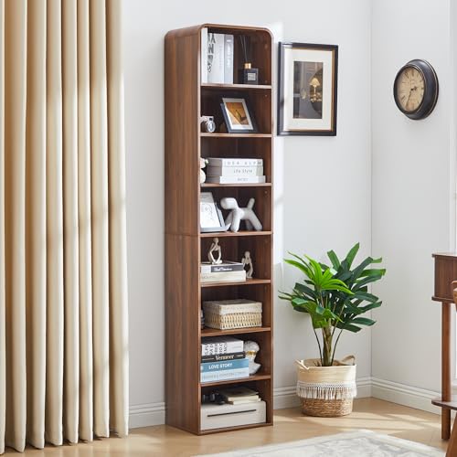 Turtle&Myrtle Tall Narrow Arched Bookshelf, Walnut,15.75" W x 71" H | 8-Tier Skinny Arch Book Shelf, Slim Open Display Shelves for Small Space, Tall Thin Bookshelf with Adjustable Shelves - color: Walnut Brown, size: 11.8"D x 15.75"W x 71"H