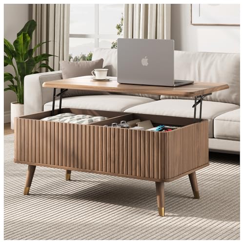 JOINICE 38" Lift Top Coffee Table with Storage for Living Room,Walnut | Large Hidden Storage,Mid Century Modern Design,Fluted Center Table with Wooden Legs,Lifts to 23",Holds 88lbs,Easy Assembly - color: Walnut_rectangle