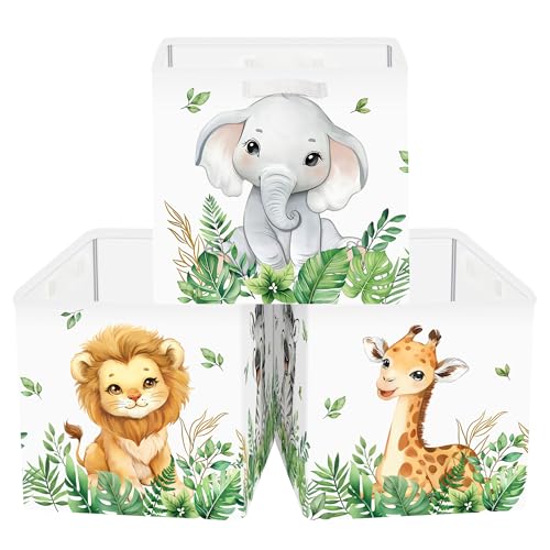 Clastyle 11.8" Animal Storage Basket Set of 3 for Kid Toy Clothes Bin | Collapsible Fabric Book Bin, Metal Frame Bottom Board, Cube Organizer, Closet Nursery Pantry Shelf Bedroom, Lion Elephant - color: Lion Elephant, size: 30x30x30 cm