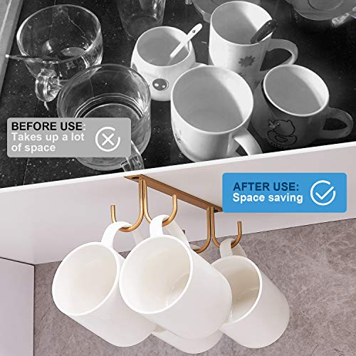 FOMANSH Mug Rack Under Cabinet - Coffee Cup Holder, 8 Mugs Hooks Under Shelf, Display Hanging Cups Drying Hook for Bar Kitchen Utensils Gold - color: Gold, size: 2 Pack