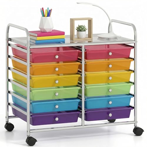COSTWAY 12-Drawer Rolling Storage Cart, Utility Storage Organizer Cart | For Tools, Scrapbook, Paper, Craft, Multipurpose Art Supply Organizer on Wheels for Home Office School, Teacher, Rainbow - color: Rainbow, size: 25"L x 15"W x 24.5”H (12 Drawer)