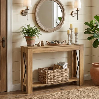 Farmhouse Console Table, 39.4'' Small Narrow Entryway Table, Wood Couch Table Behind Sofa with Storage Shelf, Slim Farmhouse Hallway Table for Living Room, Hallway, Foyer, Light Walnut CT34VV - color: Light Walnut