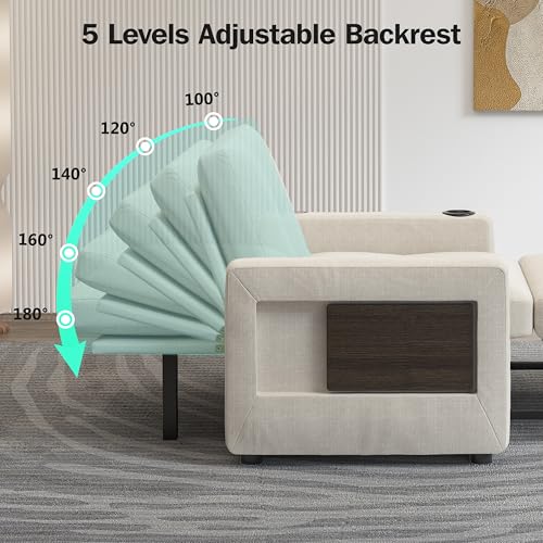 Sunny Heart 42.5" W Oversized Sleeper Chair Bed, 3-in-1 Convertible Reclining Sofa Chair with Pull Out Couch Bed, Adjustable Backrest, Side Pockets, Cup Holder, USB Ports & Side Table, Premium Beige - color: Beige, size: 42.5 inch