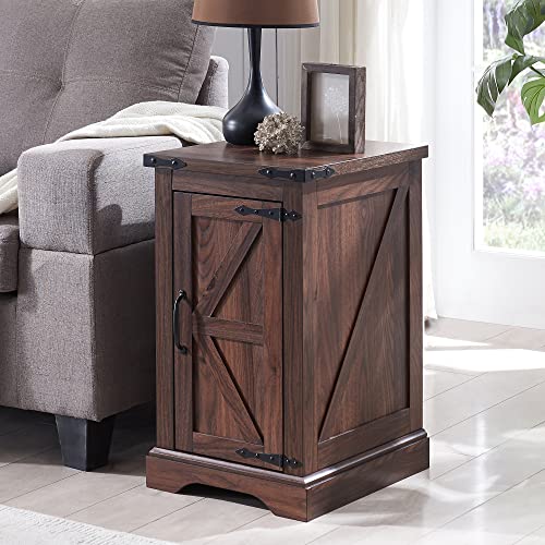 Farmhouse 17" Nightstand with Charging Station, Black | Rectangular/ Rustic End Table with Barn Door /Adjustable Shelf/ Wood Sofa Side Table/ for Living Room, Bedroom - color: Brown Color