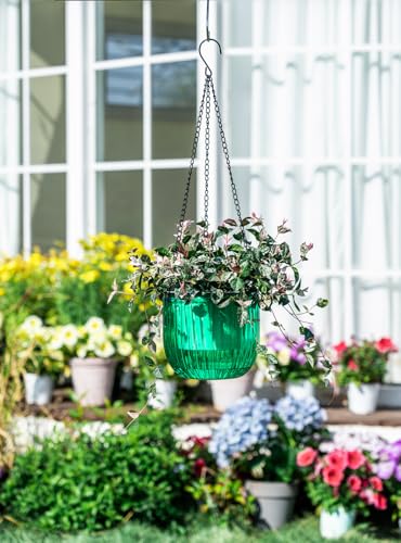 Josteve 6.5 Inch 2 Pcs Self Watering Hanging Planter Indoor Plant Pots Drainage Holes, Outdoor Hanging Planters Flower Pot Basket, Visible Water Level, Plant Hanger Home Decor, Gardening - color: Emerald, size: 2*6.5 inch