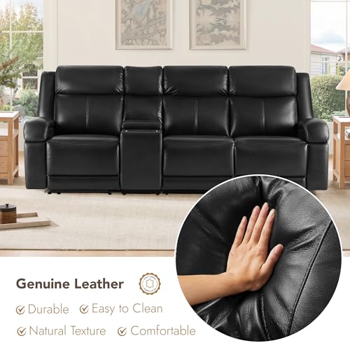 Watson & Whitely Wall Hugger Power Reclining Sofa with Console, Black | Genuine Leather Recliner Sofa, Power Headrests, Center Storage Console, Cup Holders, 3-Seater Couch, Living Room & RV - color: Black, style: 3 Seater Sofa (with console)