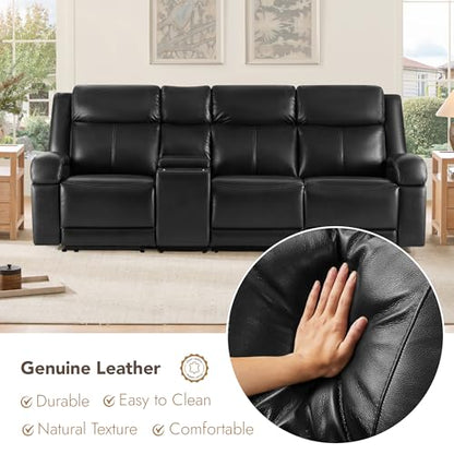Watson & Whitely Wall Hugger Power Reclining Sofa with Console, Black | Genuine Leather Recliner Sofa, Power Headrests, Center Storage Console, Cup Holders, 3-Seater Couch, Living Room & RV - color: Black, style: 3 Seater Sofa (with console)
