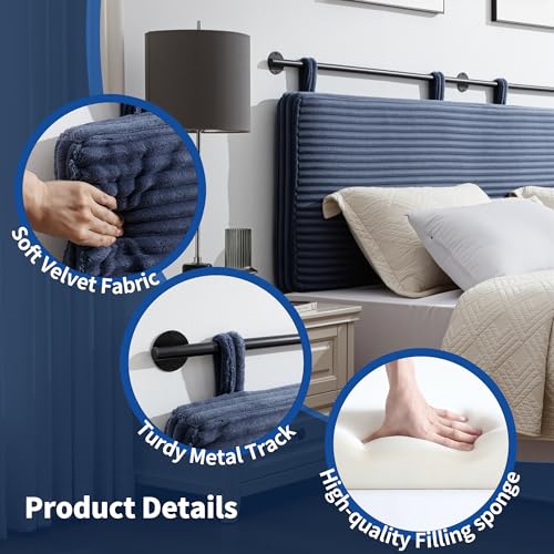 King Headboard Only, Wall Mounted Hanging Upholstered Bed Head Board | Modern Vertical Channel Design of Fine Flannel, Elegant Dark Blue Fluted Headboard for Bedroom (Dark Blue, King Size) - color: Flannel/Dark Blue, size: King