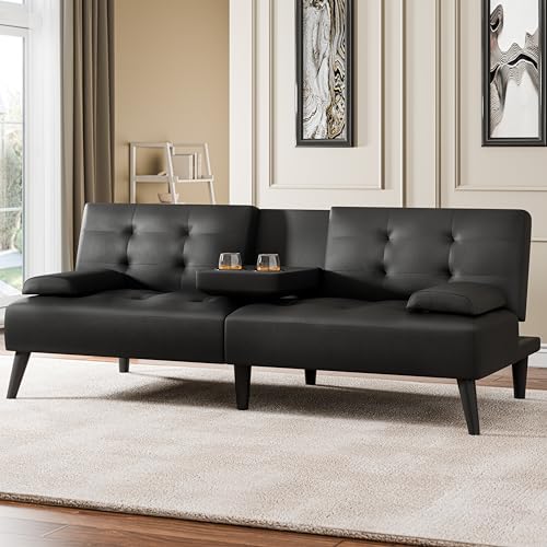 64" Futon Sofa Bed, Small Loveseat with 2 Cup Holders, Small Couch with 3 Adjustable Angles & Removable Armrest, Small Sofa for Small Space (PU Leather, Black)