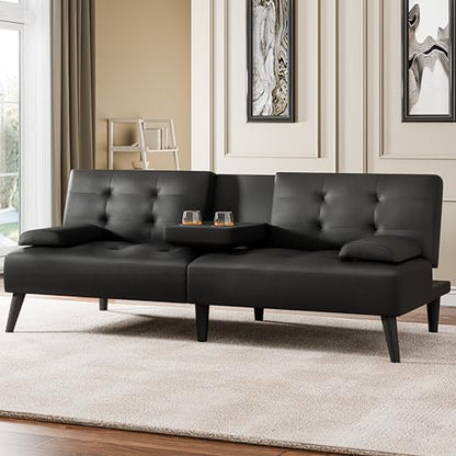 64" Futon Sofa Bed, Small Loveseat with 2 Cup Holders, Small Couch with 3 Adjustable Angles & Removable Armrest, Small Sofa for Small Space (PU Leather, Black)
