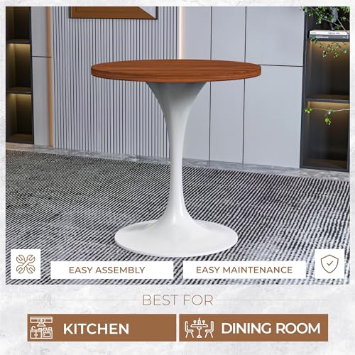 LeisureMod Verve Mid-Century Modern 27 Inch Round Dining Table, MDF Wood Tabletop with White Steel Pedestal Base, Contemporary Kitchen & Dining Room, Small Space Breakfast Table, Cognac Brown - color: Cognac Brown Wood, size: 27 inch Wide