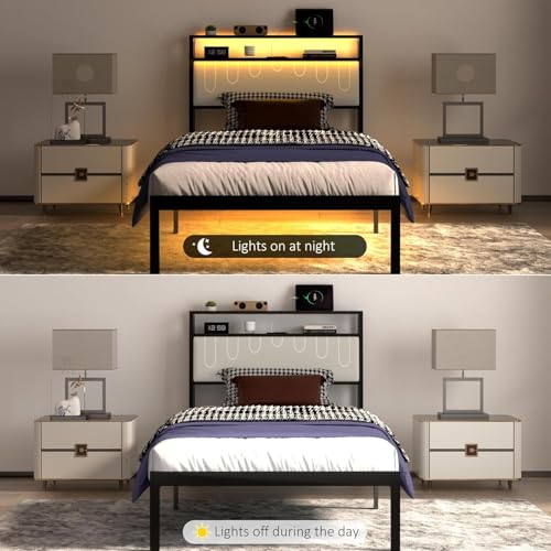 J.Fkne Twin Bed Frames with LED Lights & Charging Station, Metal Platform Frame with Upholstered Headboard, No Box Spring Needed, Noise Free, Easy Assembly - size: Twin, style: Minimalist