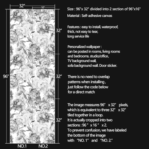 Gray Peony Flowers Floral Peel and Stick self Adhesive Wallpaper - 96''x32'' - color: X05, size: 96"x32"
