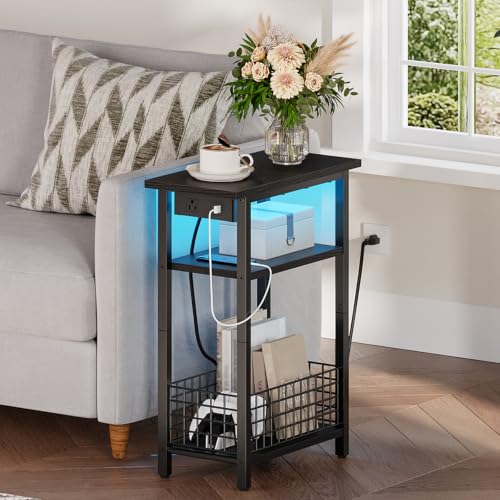 HOOBRO Narrow Side Table with Charging Station and LED Light, Small End Table with Storage, Skinny Nightstand with USB Port, Slim Bedside Table for Small Spaces, Living Room, Black BB242UDBZ01 - color: Black