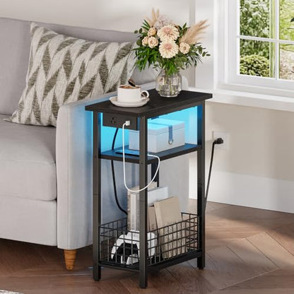 HOOBRO Narrow Side Table with Charging Station and LED Light, Small End Table with Storage, Skinny Nightstand with USB Port, Slim Bedside Table for Small Spaces, Living Room, Black BB242UDBZ01 - color: Black