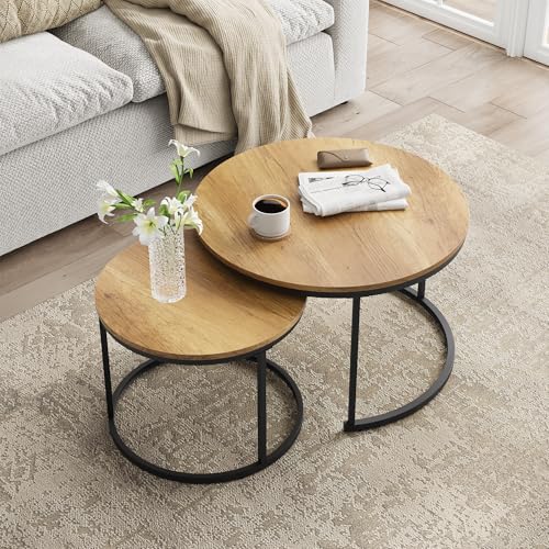 Smuxee Nesting Coffee Table Set of 2, 27.6" Round Coffee Table Wood Grain Top with Adjustable Non-Slip Feet, Industrial End Table Side Tables for Living Room Bedroom Balcony Yard - color: Brown, size: 27.6"W