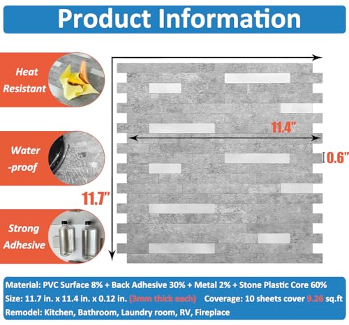 DICOFUN 10 Sheets Peel and Stick Backsplash Wall Tiles, PVC Kitchen Backsplash Peel and Stick in Grey, 9.4 sq.ft - color: Grey and Metal Silver, size: 10 Sheets, 12’’x12’’x0.12’’