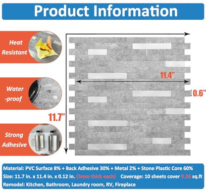 DICOFUN 10 Sheets Peel and Stick Backsplash Wall Tiles, PVC Kitchen Backsplash Peel and Stick in Grey, 9.4 sq.ft - color: Grey and Metal Silver, size: 10 Sheets, 12’’x12’’x0.12’’