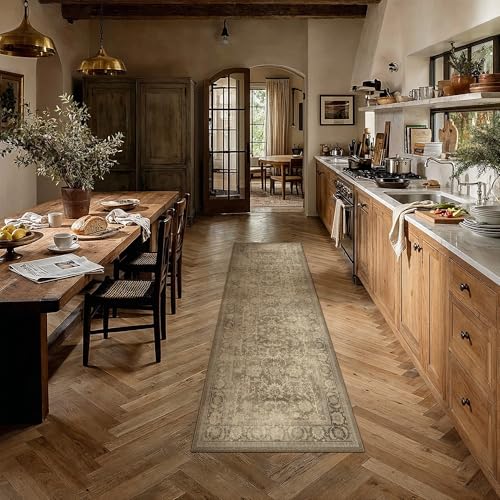 2x6 Brown Washable Runner Rug for Kitchen Vintage Distressed | Retro, Non Slip, Soft Low Pile, Carpet for Hallway, Entryway, Laundry Room, Bathroom, Bedroom, Indoor Home Decor - color: Brown, size: 2' x 6' (Runner)