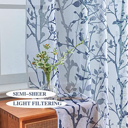 Luvyohmee White Navy Blue Curtains 63 Inch Length 2 Panels, Semi Sheer Window Curtain Drapes for Living Room/Bedroom, Blue Nature Tree Branches Patterned Linen Curtains Grommet W52XL63 - color: Navy Blue, size: 52"W x 63"L (Pack of 2)