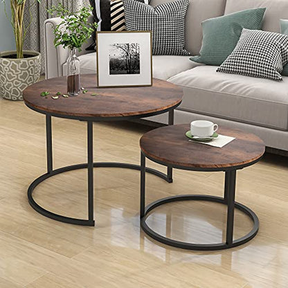 HOJINLINERO Round Coffee Table,Nesting Coffee Table Set of 2,Rustic Brown | Center Table for Living Room,Small Apartment,Small Space,Stacking Side Tables,Wood Tabletop,Sturdy and Easy Assembly,Large - color: Brown, size: Large
