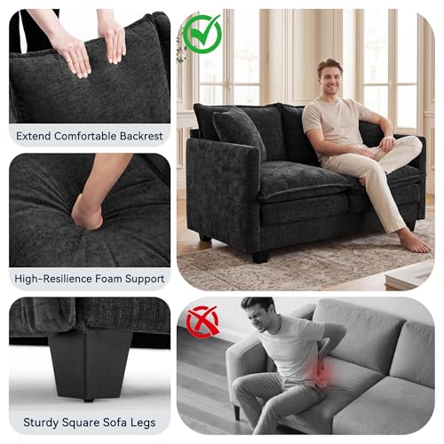 Loveseat Sofa Couch 2 Piece Set, Small Compact 50" Love Seat 27" Deep Cloud Sofa Set Washable Chenille Pillow Living Room Set for Apartment Office 50-Black-2+2 - color: Black, size: 50"+50"