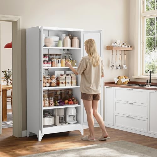 Metal Storage Cabinet Kitchen Pantry Cabinet 4 Adjustable Shelves Kitchen Pantry Cabinet for Livingroom Pantry Bathroom Kitchen 75.6" H x 35.4" W x 17.7" D White - color: White, size: 75"H Larger