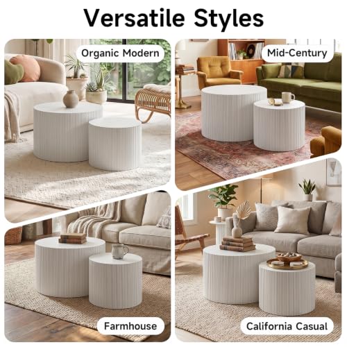 Nesting Round Coffee Table Set of 2 White No Assembly | Nesting Drum Tables, Modern End Table with Vertical Fluted Design Coffee Tables for Living Room, Office, Bedroom - color: White