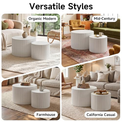 Nesting Round Coffee Table Set of 2 White No Assembly | Nesting Drum Tables, Modern End Table with Vertical Fluted Design Coffee Tables for Living Room, Office, Bedroom - color: White