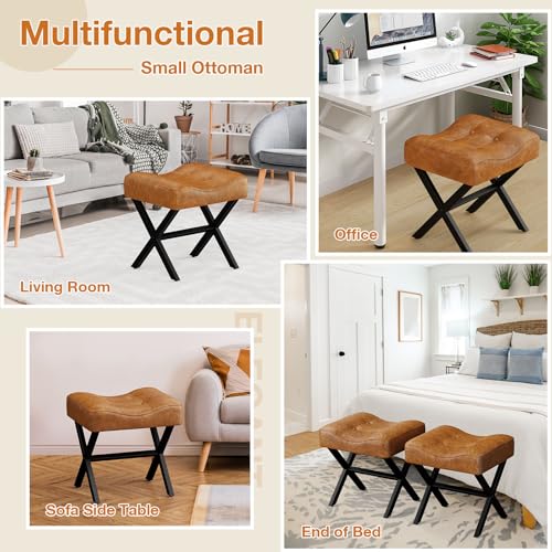18-Inch Large Leather Vanity Stool Chair, Brown Makeup Stool | Vanity Bench, Metal X-Leg, 350 LBS, 20"x16.9"x18", Ottoman Accent Stool, Thick Padded Saddle Seat, For Living Room Bedroom - size: Large, style: Brown Leather