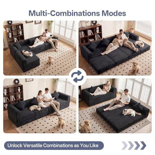 112" L Shaped Modular Sectional Sofa with Ottoman, Cloud Boneless Couch Deep Seat with 4 Pillows, Oversized Folding Sofa Bed Couches for Living Room Bedroom,No Assembly-Black - color: Solid Black, size: 4 Seat