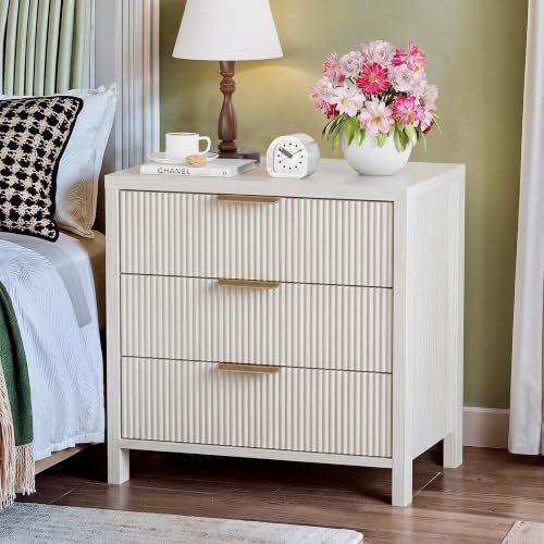 Fluted Nightstand, 23.7'' Wide Night Stand with 3 Drawers, Mid-Century Modern Bedside Table with Handles, Wood End Table for Bedroom, White - color: White