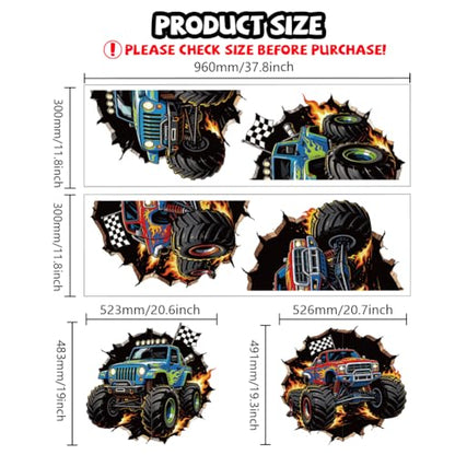 Monster Truck Through Wall Wall Decals, Wall Stickers Decor | 2 Sheets 11.8"x37.8" Vinyl Removable Peel and Stick Murals, Plant Decor for Bedroom, Bathroom, Office, Classroom & Home - style: Monster Truck Through Wall