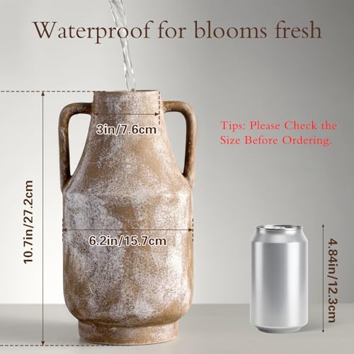Ceramic Flower Vase with Handles, 11in Tall Rustic Vases for Centerpieces | Waterproof Large Decorative Terracotta Vases for Home Decor, Living Room,Table, Handcrafted (Terracotta) - color: 1-terracotta/10.7“