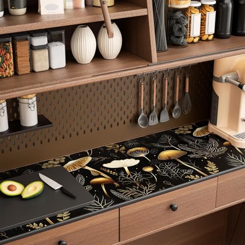 Dark Mushroom Wallpaper Peel and Stick 17.5" x 393",Black Gold | Self Adhesive/Removable/Waterproof/Thick Vinyl Contact Paper for Bathroom Bedroom Shelf Cabinet Drawer,Prepasted,Easy Peel - color: Black Gold, size: 17.5" x 118"