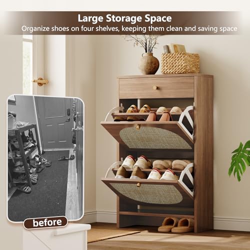 Shoe Storage Cabinet for Entryway, Slim Shoe Rack with 2 Flip Drawers and Top Storage Drawer, Narrow Shoe Organizer with Arched Rattan Accent, Entryway Shoe Storage for Size 13.5 Shoes, Caramel