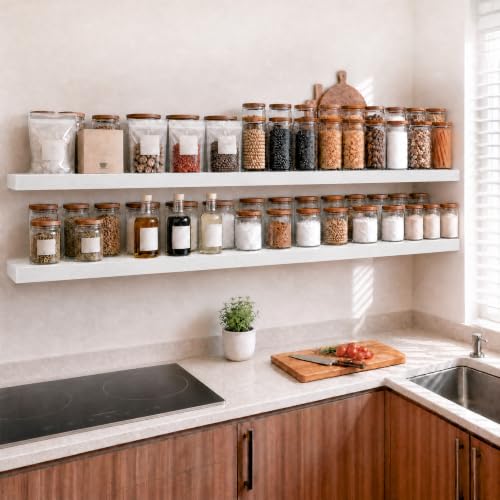 RICHER HOUSE 55 Inch Long Floating Shelves, 12 Inch Deep White Wall Shelf | Wide Wall Shelves for Bedroom Kitchen Bathroom Wall Mounted Shelf, Rustic Wooden Bookshelf with Invisible Bracket, 2 Pack - color: White, size: 55in