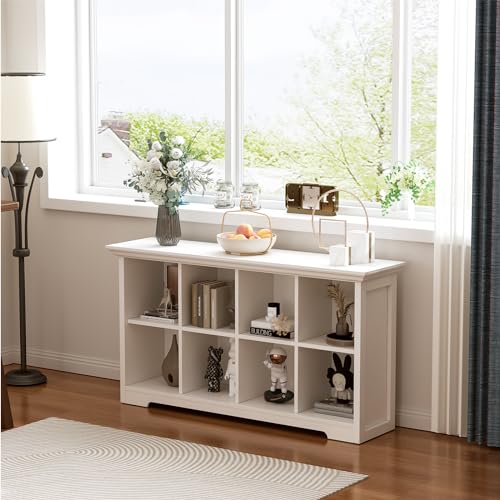 8-Cube Open Bookcase with Base, 2-Tier Low Cabinet, White | Curved Base, Crown Molding, Fits 11×11" Bins, Modern Bookshelf for Living Room, Bedroom, Home Office, TV Stand Storage - color: Warm White, size: 8-Cube