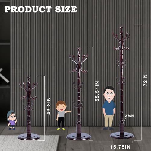 Coat Racks FreeStanding with 14 Hooks, Natural Wood Coat Rack with Solid Round Base, Adjustable Height Coat Racks, Easy Assembly for Hallway, Bedroom and Office (Rosewood Ruyi Hook) - color: Rosewood Ruyi Hook